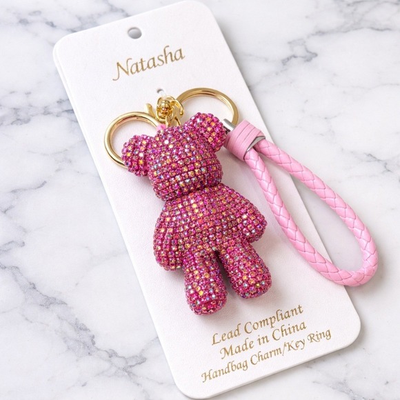 Natasha Couture Accessories - Natasha Pink Rhinestone Teddy Bear Handbag Charm Key Ring Braided Strap Bling